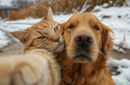 A brown tabby cat and golden retriever dog taking a selfie photo together, with happy expressions, against a snowy background