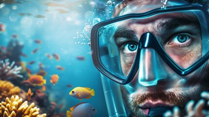 extreme close-up portrait of a man's face wearing a mask for swimming underwater against the backdrop of azure crystal clear water and colorful coral reefs and fish - obrazy, fototapety, plakaty