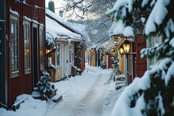 A charming streetscape of a snow covered  village, snow scenery AI generated - obrazy, fototapety, plakaty