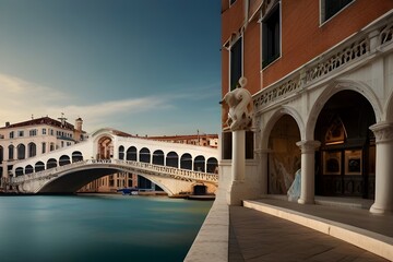 Panoramic view of the Rialto Bridge and Canal Grande in Venice, Italy Generative AI - obrazy, fototapety, plakaty