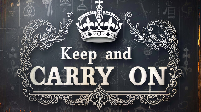 A poster with the text "Keep Calm and Carry On" in white and a crown symbol .