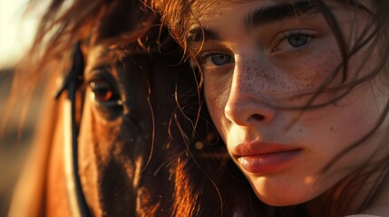Sensual girl hugs a horse and looks at the camera at sunset. Farming woman lifestyle and daily connection with animals - obrazy, fototapety, plakaty