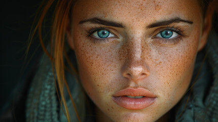 Extreme studio closeup of a beautiful female model with deep blue eyes and freckles. Skin care and cosmetics.