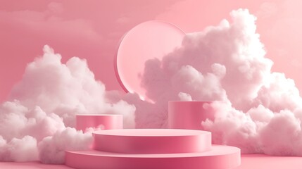 Pink Colored Theme Podium with Sky and Clouds