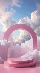 Pink Colored Theme Podium with Sky and Clouds