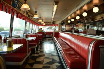 A classic diner interior in 1950s style,A retro diner with checkered floors, vinyl booths, and neon signs,  Ai generated