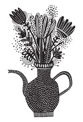 Bouquet of flowers in vase linocut style illustration - 777971314