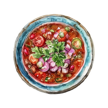 A hand-drawn watercolor illustration of pozole. Mexican dish. High resolution png with a transparent background. Generative AI