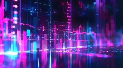 Stock Market Trends Under Blue and Purple Neon Glow, High-Resolution, Dynamic Perspective and Depth in Financial Illustration. For Design, Background, Cover, Poster, Banner, PPT, KV design, Wallpaper