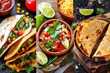 Collage of different mexican tacos with vegetables, cheese and salsa. Ai generated.