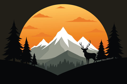Mountain landscape with deer and forest at sunset vector design