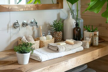 Beautiful plants and different toiletries on wooden countertop in bathroom. Bathroom supplies