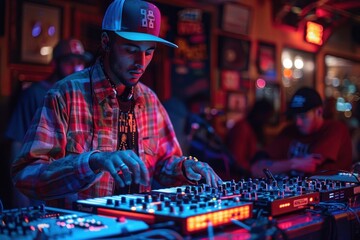 DJ in a nightclub mixing music on a professional sound mixer while wearing a fashionable hat.