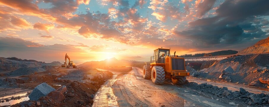 Orange grader working on road construction at sunset with beautiful sky background, backhoe in view