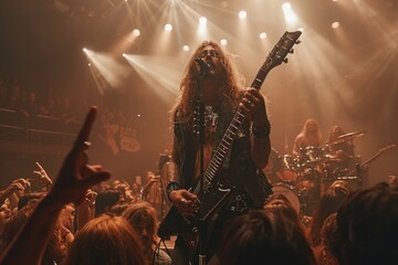 Long-haired guitarist in a black leather jacket performing on stage in front of a large crowd - obrazy, fototapety, plakaty