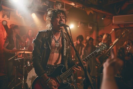 Rock star Joan Jett performing on stage with her band the Blackhearts in the 1980s.
