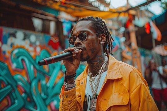 Energetic man, dreadlocks, yellow jacket, singing passionately into microphone on stage