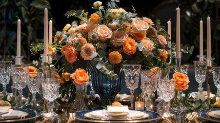 Elegant dinner setting with roses and candles, ideal for luxurious events and dining concepts.