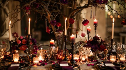 Obraz na płótnie Canvas Whimsical Halloween table decor with candles and roses, ideal for a magical themed event.
