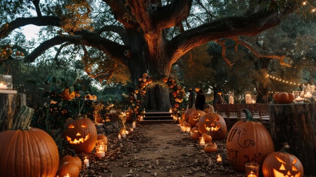 Enchanted Halloween wedding aisle with pumpkins and fairy lights, perfect for themed ceremonies.
