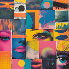 Retro 1980s risograph art background of faces in a brightly colored collage of different shapes.