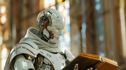 Advanced robot pastor reading, ideal for technology and AI concepts.