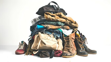 Pile of Various Clothes and Shoes Overwhelms Space. Cluttered Wardrobe Concept. Time for Donations or Decluttering. Simplify Life. AI