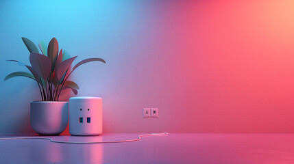 A smart plug with a USB port that can connect to other devices on solid color background