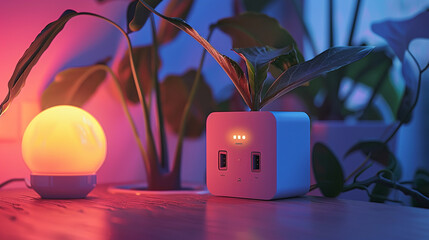 A smart plug with a camera that can monitor the surroundings and send alerts on solid color background