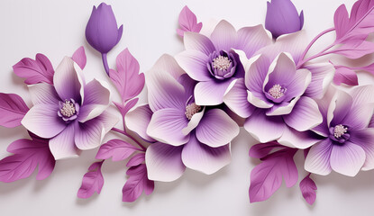 3d wallpaper with elegant purple flowers, magnolia and leaves, vector illustration design with...