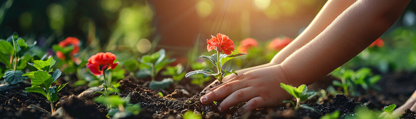 Girl's hands tenderly plant red flowers in the garden, nurturing nature's vibrant beauty with care and dedication. - Powered by Adobe