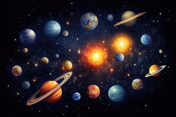 Fototapeta premium A display of various celestial bodies in a galaxy, Nebula and galaxies in space. Abstract cosmos background, AI generated