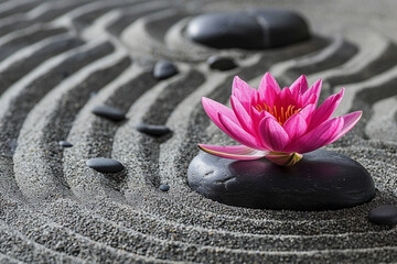 An image of a traditional Zen garden with raked sand lines and uniformly placed dark stones, with a single, vibrant pink lotus flower - Generative AI