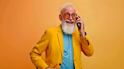 Elderly stylish man in a yellow jacket talking on a phone, joyful expression. Lifestyle portrait on an orange background. Modern senior man using technology. AI