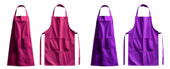 2 Set of magenta purple pink blank apron restaurant cafe kitchen cook chef uniform, front and flay lay on transparent cutout, PNG file. Mockup template for artwork graphic design