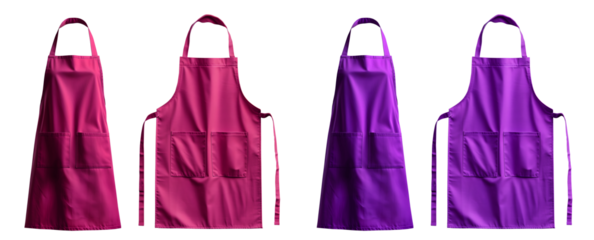 2 Set of magenta purple pink blank apron restaurant cafe kitchen cook chef uniform, front and flay lay on transparent cutout, PNG file. Mockup template for artwork graphic design