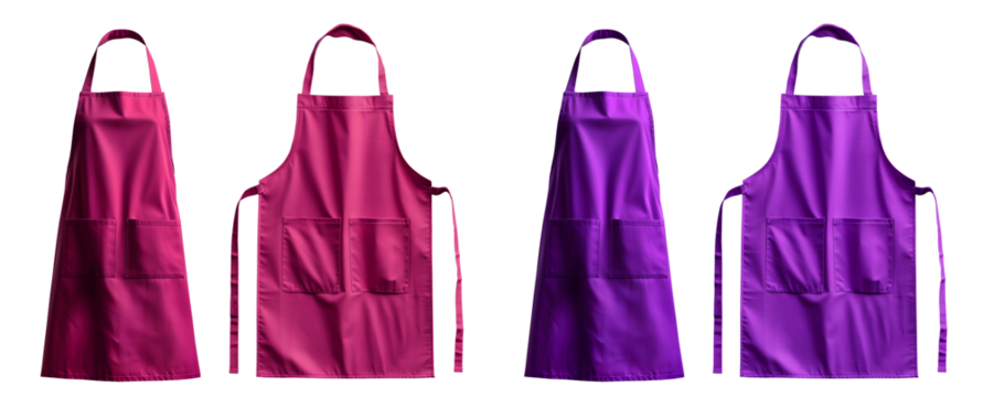 2 Set of magenta purple pink blank apron restaurant cafe kitchen cook chef uniform, front and flay lay on transparent cutout, PNG file. Mockup template for artwork graphic design