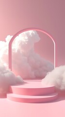 Pink Colored Theme Podium with Sky and Clouds