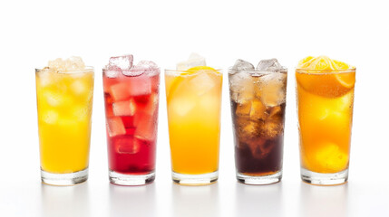 non alcoholic drinks in glasses with ice over white background . Generative Ai