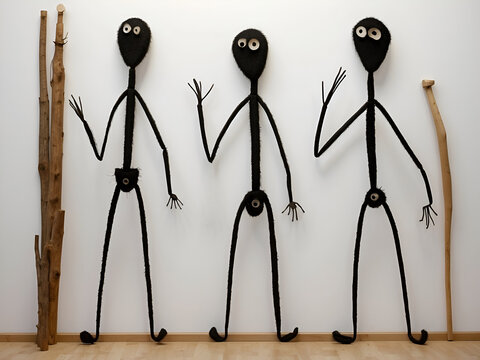 Three elongated dolls with one hand raised