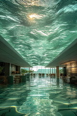 Subaquatic hotel lobby, ceiling designed like the ocean surface above, the calm beauty of an underwater world