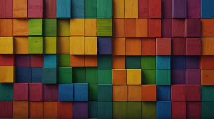Abstract geometric rainbow colors colored 3d wooden square cubes texture wall background banner illustration panorama long.generative.ai