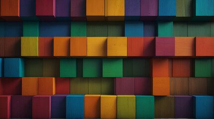 Abstract geometric rainbow colors colored 3d wooden square cubes texture wall background banner illustration panorama long.generative.ai