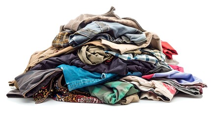 Heap of Mixed Clothing on White Background. Assorted Fabric Pile. Clutter Concept. Textile Waste Theme. AI
