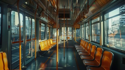 Empty, sunlit interior of a public tram with vibrant orange seats, evoking a sense of calm and readiness for the day's journeys.