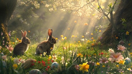 A rabbit is nestled among the flowers in a meadow surrounded by lush green grass and beautiful...
