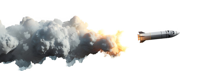 A rocket shot from a spacecraft on white background, Realistic black smoke clouds and fire flame blast explosion stream of smoke from burning objects.


