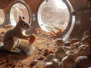 Squirrels collecting and storing food inside a Mars colony an example of Earthly instincts in space habitation - obrazy, fototapety, plakaty