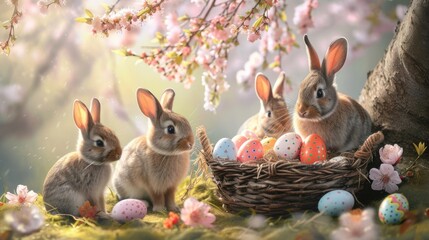 Fototapeta na wymiar Three Audubons Cottontail rabbits are standing next to a basket of Easter eggs in a field of grass and flowers AIG42E