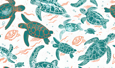 pattern of sea creatures and turtles in the style of  green on white background, Generative AI 